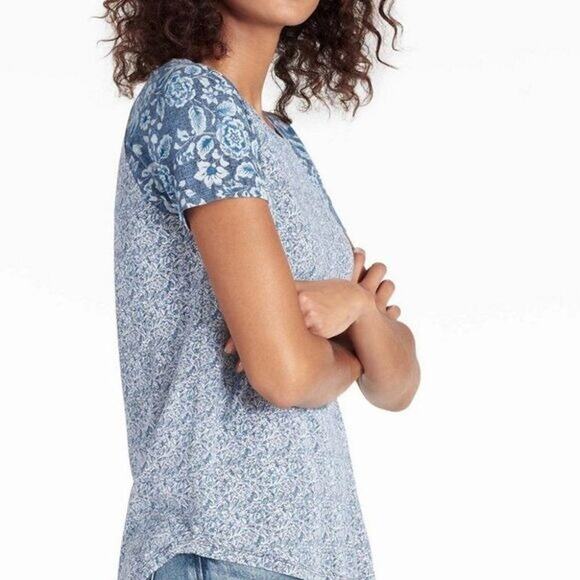LUCKY BRAND Floral Mixed Tee Blue Boho Cotton Blend Womens Medium - Picture 6 of 6